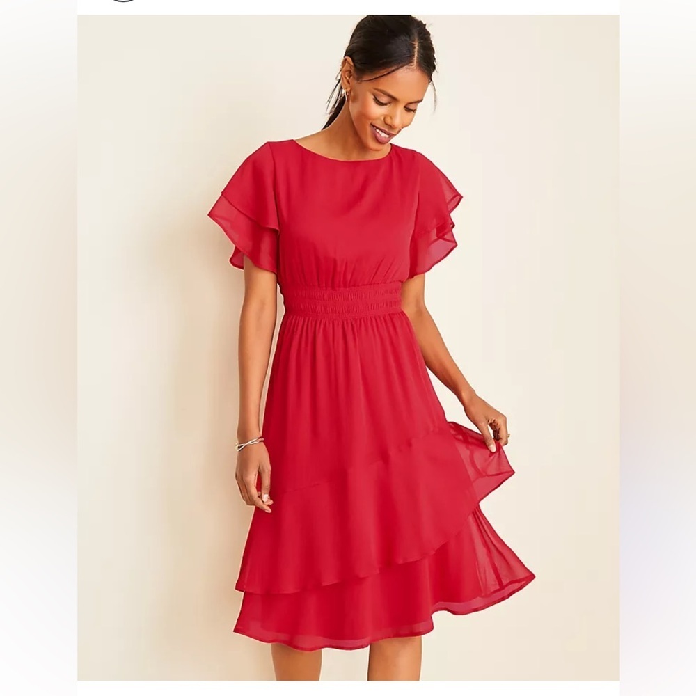 NWT Ann Taylor red smocked waist flare midi dress Sz‎ XXS